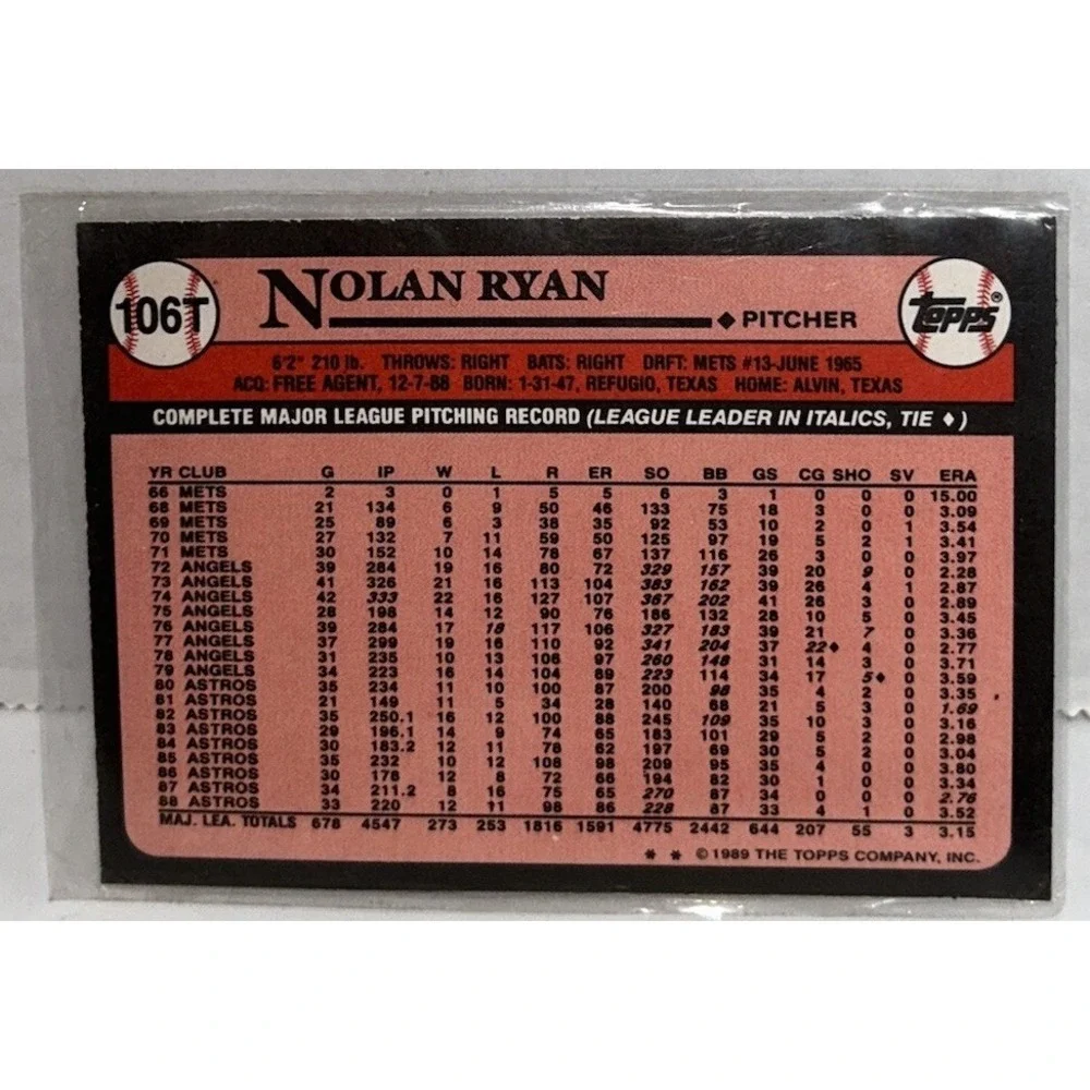 Texas Rangers‎ 1989 Topps Traded Nolan Ryan #106T Pitcher MLB